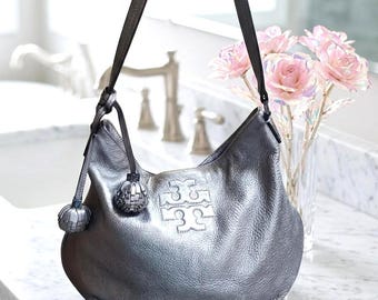Tory Burch Metallic Pewter Hobo Bag | Pebbled Leather Tassel Shoulder Bag
