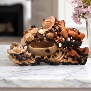 Lave-brosse vintage en pierre ollaire koi lotus chinoise - Décoration pour bureau d'érudit finement sculptée
