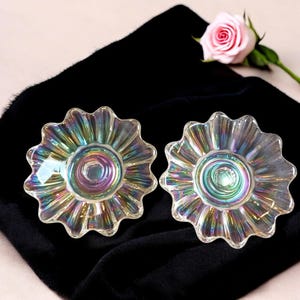 Vintage Federal Glass Celestial Sunburst Iridescent Candle Holders - Mid Century Decor
