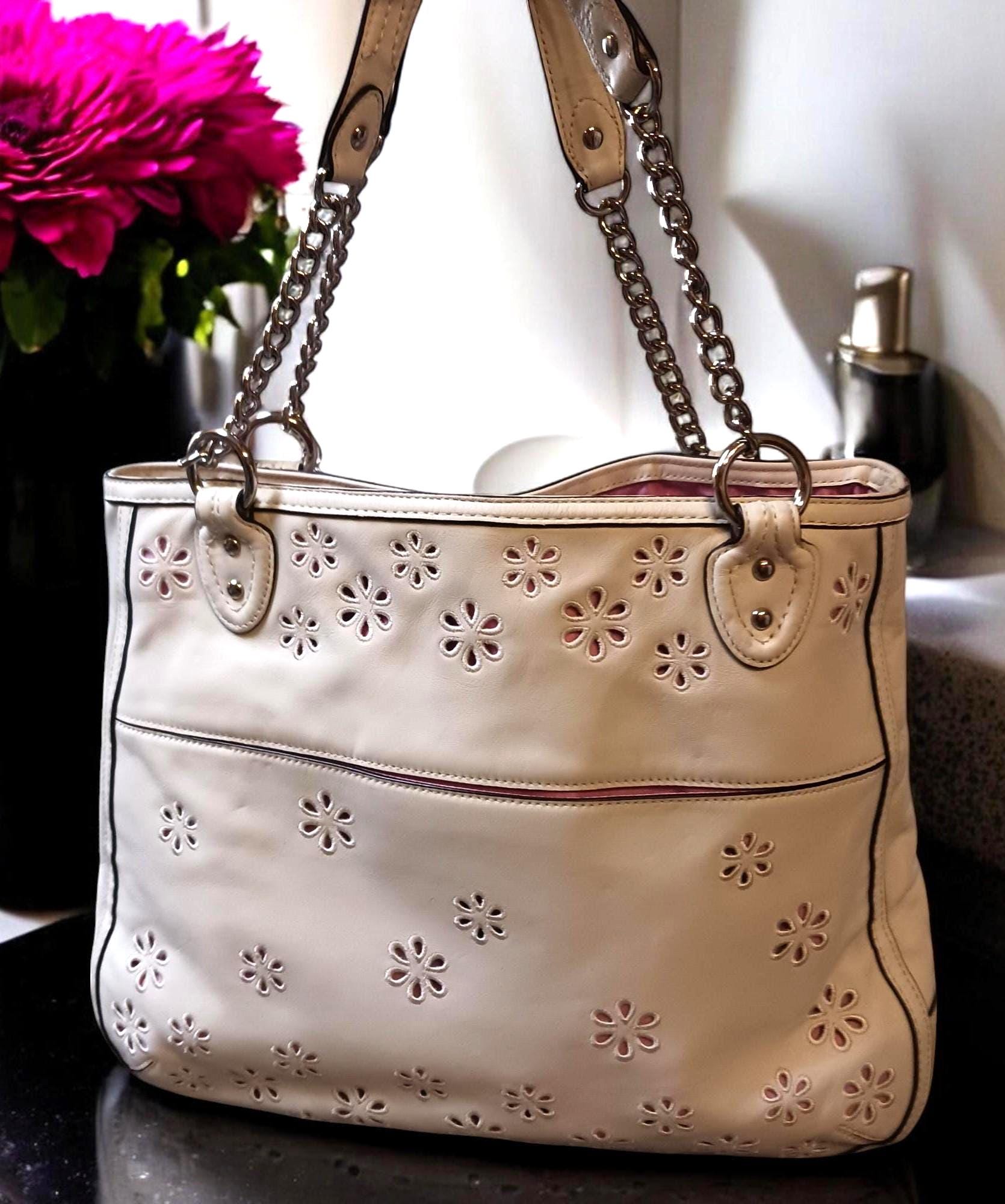Coach Poppy Ivory Leather Eyelet Tote: Pink Sateen Lining, Silver
