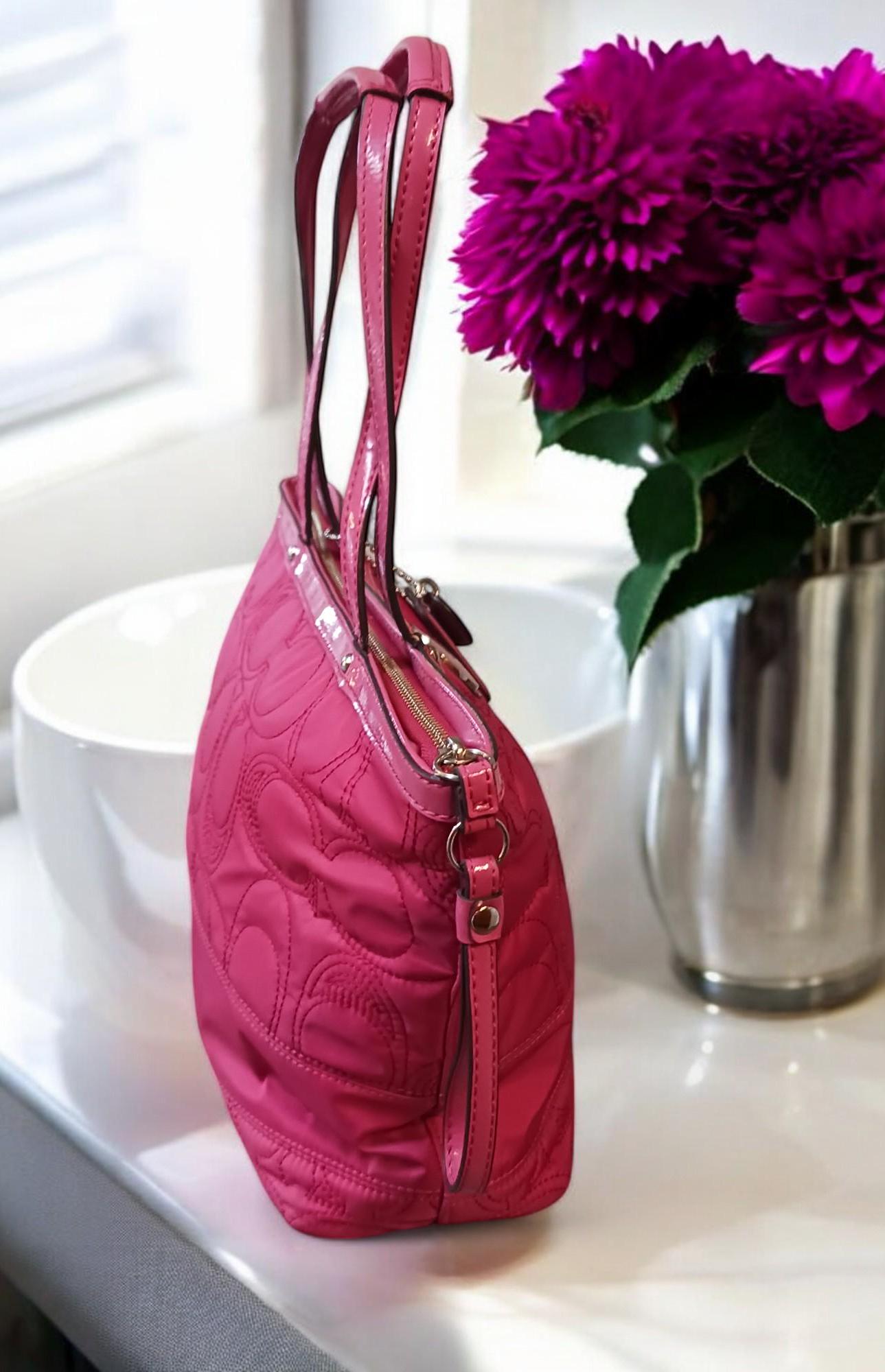 Vintage Y2K Coach Quilted Tote Bag: Rose Pink Signature, Patent