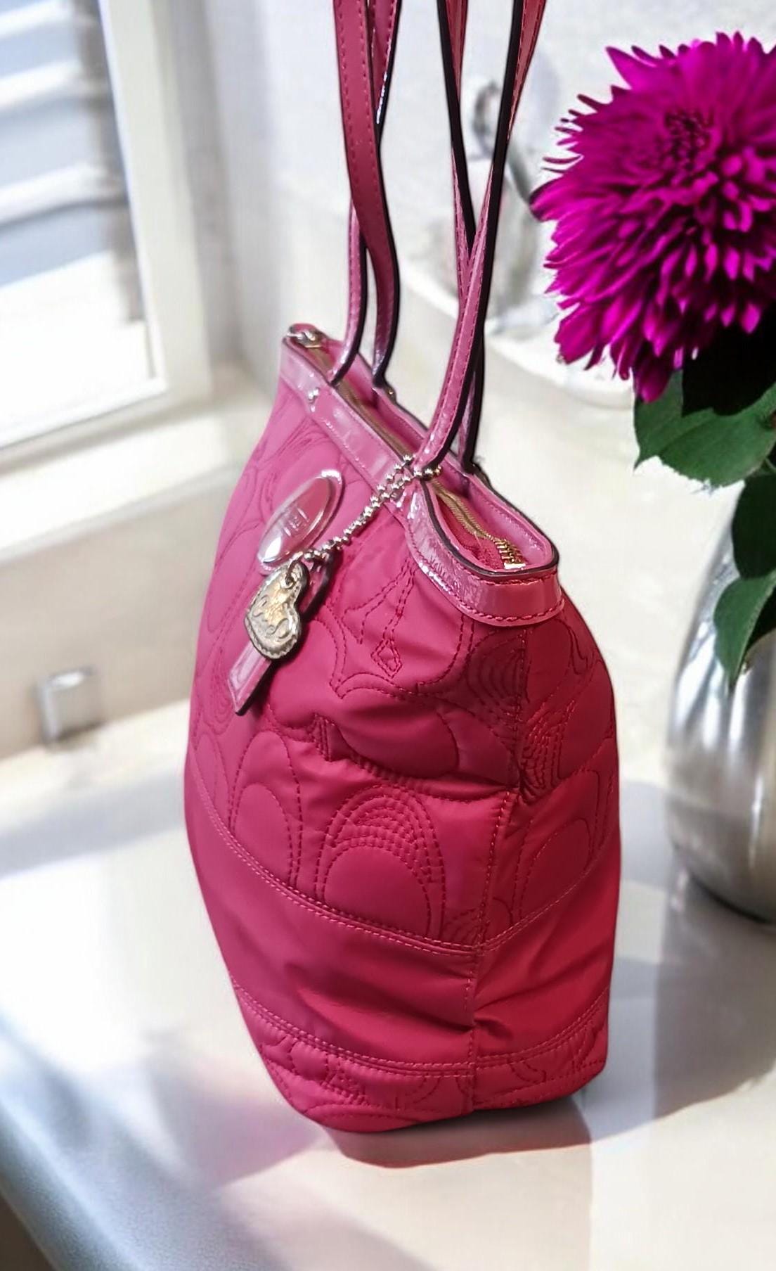 Vintage Y2K Coach Quilted Tote Bag: Rose Pink Signature, Patent