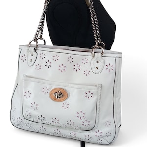 Coach Poppy Ivory Leather Eyelet Tote 22438 – Pink Sateen Lining, Chain Handles, Silver Hardware, 14.5"x11.5"x3