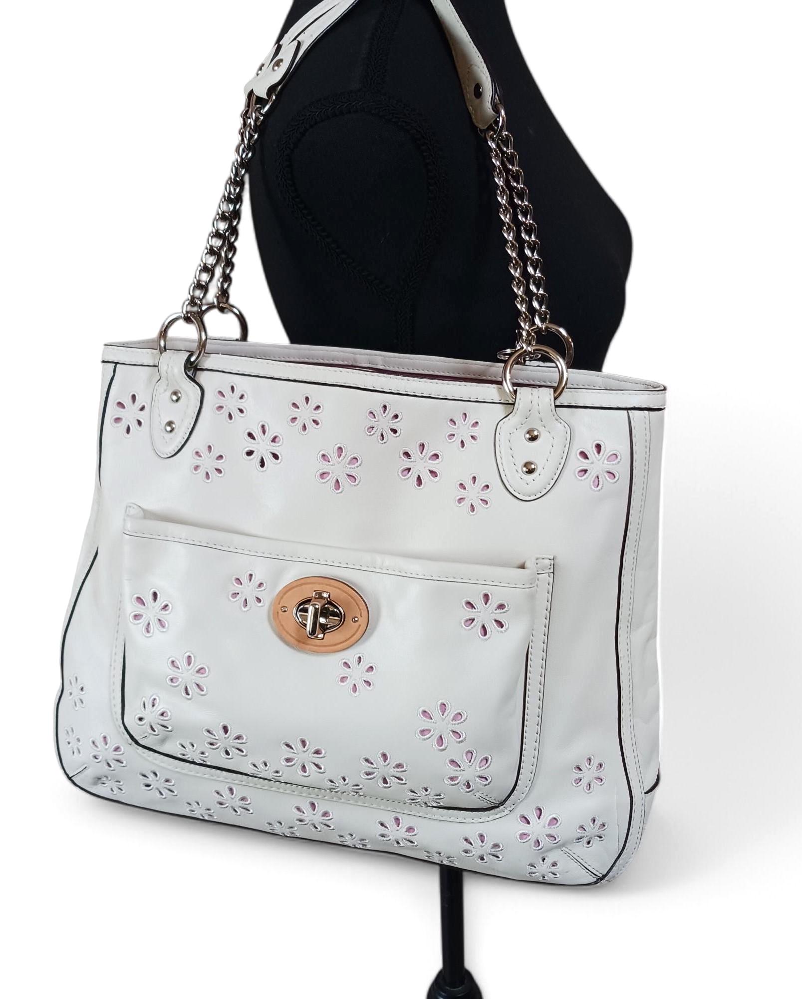 Coach Poppy Ivory Leather Eyelet Tote: Pink Sateen Lining, Silver