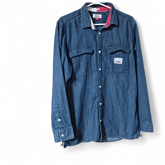 Vintage Tommy Hilfiger Denim Shirt: Y2K Red Logo, Size L UK