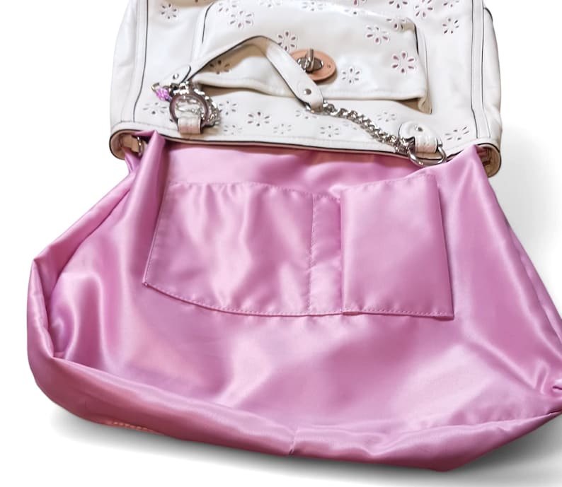 Coach Poppy Ivory Leather Eyelet Tote 22438 – Pink Sateen Lining, Chain Handles, Silver Hardware, 14.5"x11.5"x3