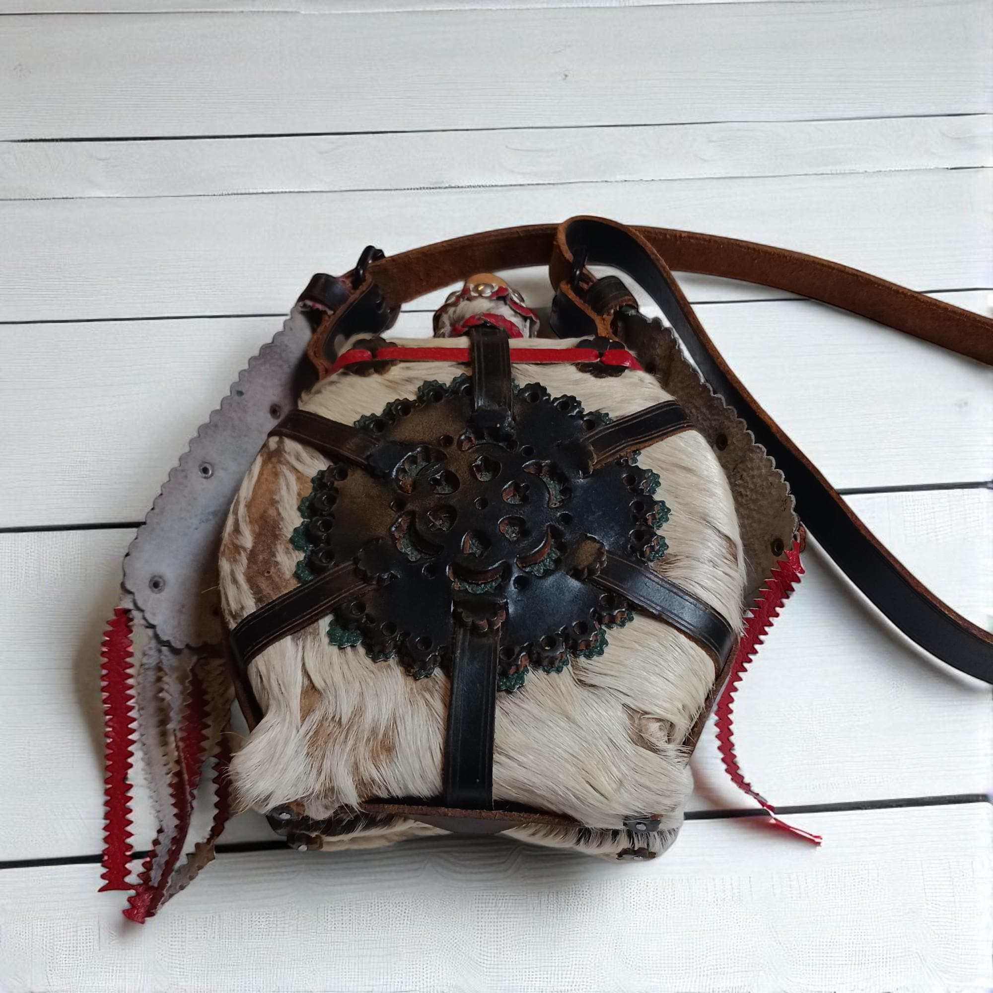 Vintage Hungarian Goat Hide Flask: Folk Art Kulacs Canteen, 1950s