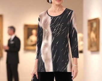 Sementa Abstract Print Tunic Top | Rhinestone Embellished Taupe Black (Large)