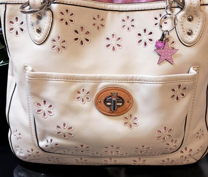 Coach Poppy Ivory Leather Eyelet Tote 22438 – Pink Sateen Lining, Chain Handles, Silver Hardware, 14.5"x11.5"x3