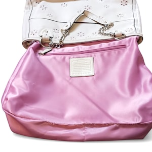 Coach Poppy Ivory Leather Eyelet Tote 22438 – Pink Sateen Lining, Chain Handles, Silver Hardware, 14.5"x11.5"x3