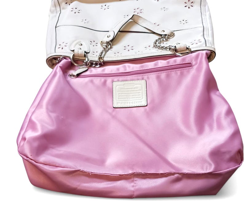 Coach Poppy Ivory Leather Eyelet Tote 22438 – Pink Sateen Lining, Chain Handles, Silver Hardware, 14.5"x11.5"x3