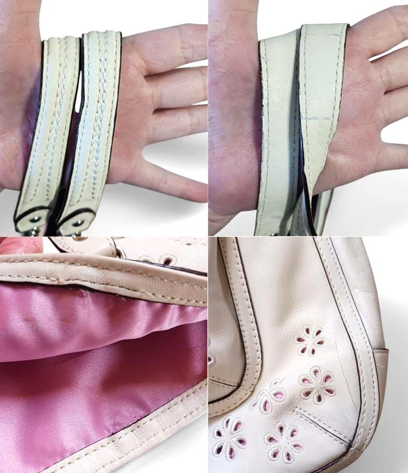 Coach Poppy Ivory Leather Eyelet Tote 22438 – Pink Sateen Lining, Chain Handles, Silver Hardware, 14.5"x11.5"x3