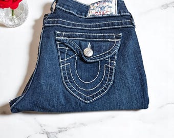 Vaqueros vintage True Religion, corte acampanado, lavado oscuro, talla 28, años 2000