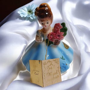 vintage Josef Originals October Opal Birthstone Girl Figurine MCM peinte à la main, fabriquée au Japon, étiquette de carte originale