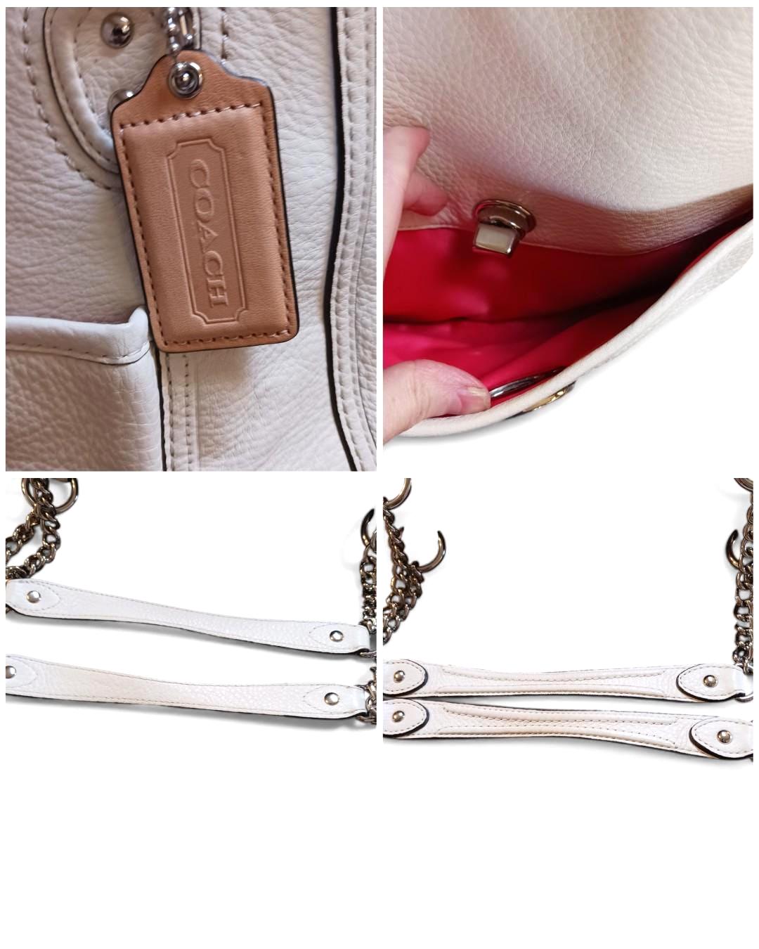 Y2K Coach Ivory Leather Chain Shoulder Bag Turnlock Pocket Coral