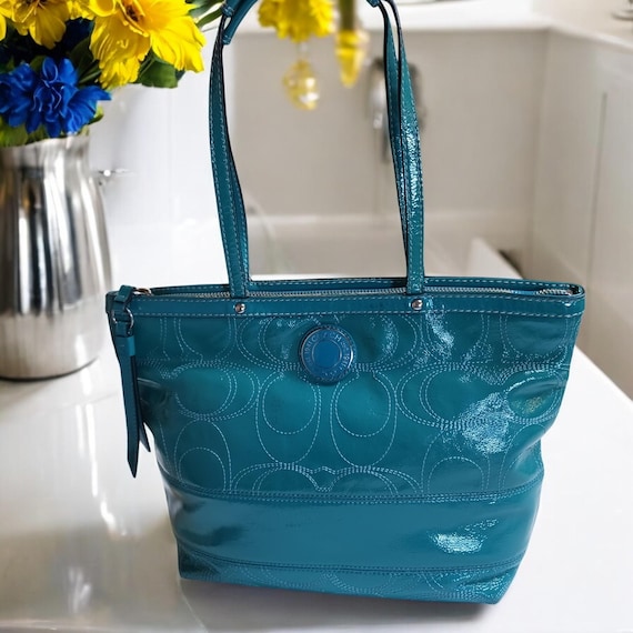Coach Teal Patent Leather Tote Bag: Signature C Stitching - Etsy