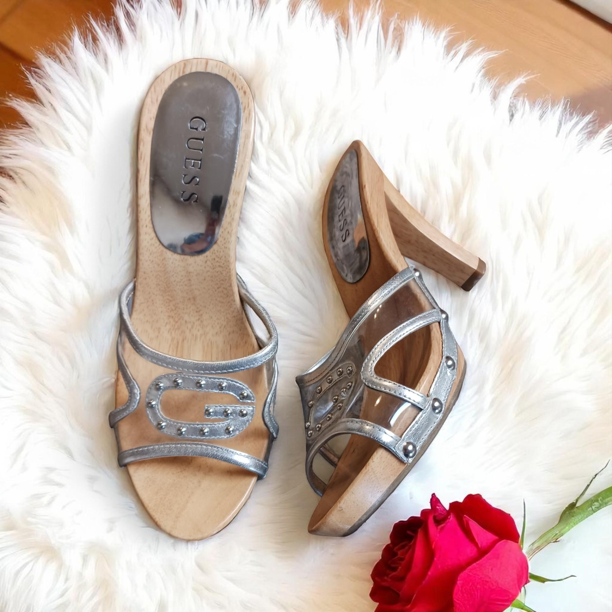 Y2K Guess Clear PVC Heels: Silver Studded Wood Mules, Size 6M - Etsy