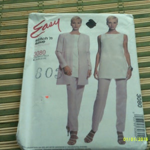 Easy McCalls 3080 Misses Unlined Jacket, top and pants pattern. Size 18-24