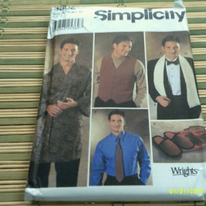 Simplicity 9962 Mens Vest, Robe, Ties, Cummerbund, scarf, and slippers with bag pattern. Size S,M,L,XL
