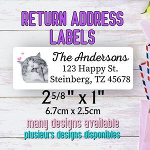 Étiquettes d'adresse de retour / Étiquette postale autocollantes personnalisées / Étiquettes de poste / courrier Lot de 30 / Chat Fleurs
