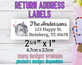 Return Address Mailing labels / White Mail label stickers / Custom cute and practical / Set of 30 personalized labels Cat Flowers Bird