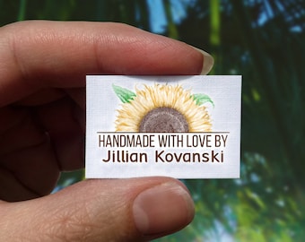 Etiquetas em tecido de algodão / criações artesanais / Girassol / Tricô / passar a ferro / costura / personalizadas **ÚNICA
