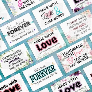 Iron On Labels with Cuss words / funny sarcastic / Cotton Fabric / Crochet / Hand knitted / Knitting / custom made with love tags