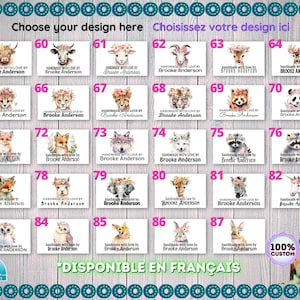 Pode incluir: Uma folha com 87 desenhos de transfer&ecirc;ncia para passar a ferro com v&aacute;rios animais, incluindo uma vaca, uma cabra, um veado, um panda, uma raposa, um lobo, um guaxinim, um unic&oacute;rnio, uma coruja, um coelho e uma zebra. Cada desenho inclui o texto "Handmade with love by Brooke Anderson".