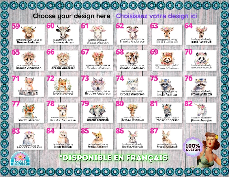 Pode incluir: Uma folha com 87 desenhos de transfer&ecirc;ncia para passar a ferro com v&aacute;rios animais, incluindo uma vaca, uma cabra, um veado, um panda, uma raposa, um lobo, um guaxinim, um unic&oacute;rnio, uma coruja, um coelho e uma zebra. Cada desenho inclui o texto "Handmade with love by Brooke Anderson".