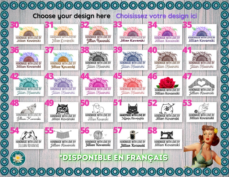 Pode incluir: Uma cole&ccedil;&atilde;o de 58 designs diferentes para etiquetas feitas &agrave; m&atilde;o. As etiquetas apresentam uma variedade de imagens, incluindo girass&oacute;is, corujas, gatos e m&aacute;quinas de costura. O texto nas etiquetas diz "Handmade with Love by Jillian Kovanski".