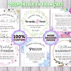 May include: Ten customizable quilt labels with floral designs. Each label features a different name and occasion, such as a wedding, a baby's birth, or a quilt made by a grandparent. The labels are 100% customizable and can be personalized with any name, date, and message.