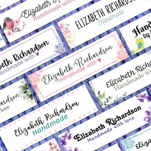 May include: A collection of colourful labels with the text "Elizabeth Richardson" and "Handmade with love". The labels feature floral designs and watercolour illustrations.