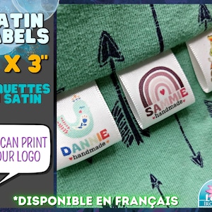 May include: Three satin labels with different designs. The labels are 1 inch by 3 inches and feature a rainbow, a bird, and a frog. The text on the labels reads "Dannie handmade", "Sammie handmade", and "Delila made with".