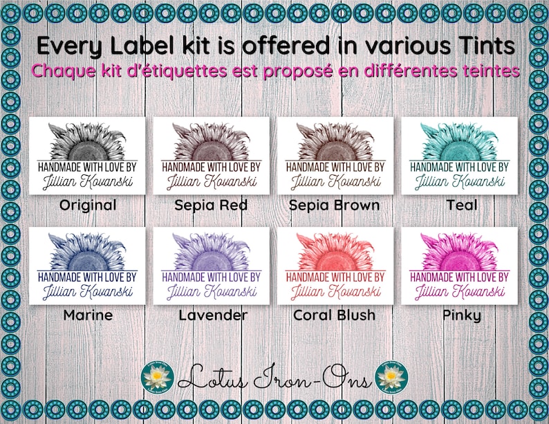 Pode incluir: Um conjunto de oito etiquetas de ferro-on em forma de girassol em v&aacute;rias cores, incluindo original, vermelho s&eacute;pia, castanho s&eacute;pia, turquesa, marinho, lavanda, coral blush e rosa. Cada etiqueta apresenta o texto "Handmade with Love by Jillian Kovanski" e o nome da cor abaixo. As etiquetas s&atilde;o exibidas em um fundo de madeira com o texto "Lotus Iron-Ons" na parte inferior.