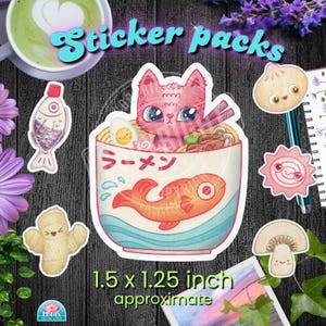 Adesivos / Ramen / Adesivos para planejador de diário / Vinil fosco / Sushi, macarrão, caracol, plantas, gato, caranguejo, tartaruga, baleia, camarão, café, boba