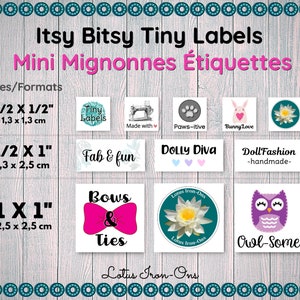 May include: A collection of white labels with diverse designs and text, such as "Tiny Labels," a sewing machine, paw prints, a bunny, and a lotus flower. Sizes are 1.3 x 1.3 cm, 1.3 x 2.5 cm, and 2.5 x 2.5 cm.
