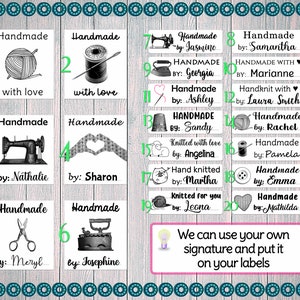 May include: Twenty different label designs for handmade items. Each label features a different image and text, such as "Handmade with love" and "Knitted for you".