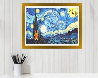 Grappige sterrenhemel katten Van Gogh poster print kattenliefhebber cadeau direct download