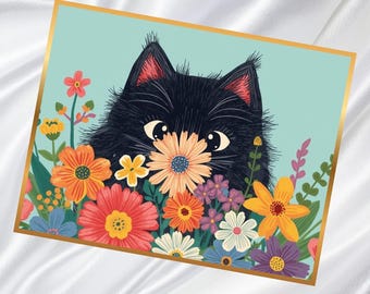 黒猫の花柄アートプリント、子猫のイラスト、女の子の部屋の装飾