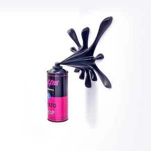 Graffiti Spray Can Sculpture – Warhol Tomato Soup Splash Art, Black Pink Wall Decor