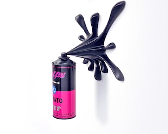 Graffiti Spray Can Sculpture – Warhol Tomato Soup Splash Art, Black Pink Wall Decor