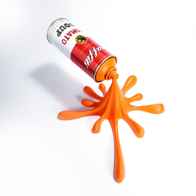 Escultura de lata de aerosol con salpicaduras de sopa de tomate y graffiti de Warhol naranja imagen 2