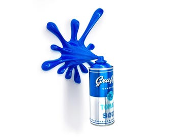 Sculpture Bombe de Peinture - Art Pop Graffiti Chrome Bleu - Décor Mural 3D
