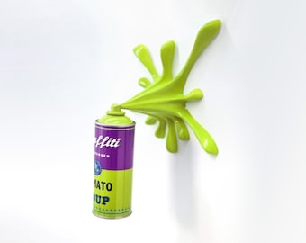 Green Graffiti Spray Can Splash Sculpture: Urban Street Art Wall Decor