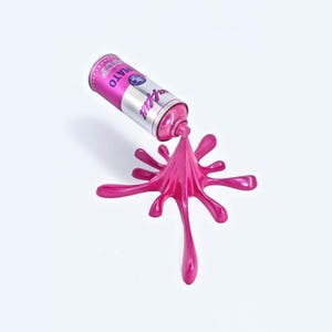 May include: A pink spray paint can with the text "Tomato Soup" and "Royal Fill" is tilted, with pink paint spilling out and forming a starburst shape. The can is silver and pink, and the paint is a metallic pink.
