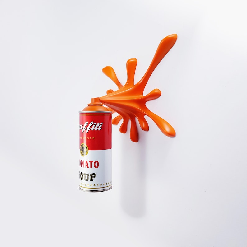 Escultura de lata de aerosol con salpicaduras de sopa de tomate y graffiti de Warhol naranja imagen 1