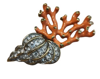 Kenneth lane coral shell rhinestones pin brooch