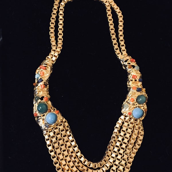 BOZART made in Italy Goldtone turquoise and chain maille Necklace New old Stock