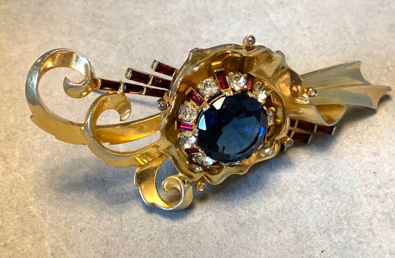MAZER large big blue stone deco pin brooch