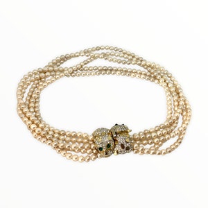 Kenneth Lane K.J.L. vintage leopard head closure multistrand faux pearls necklace